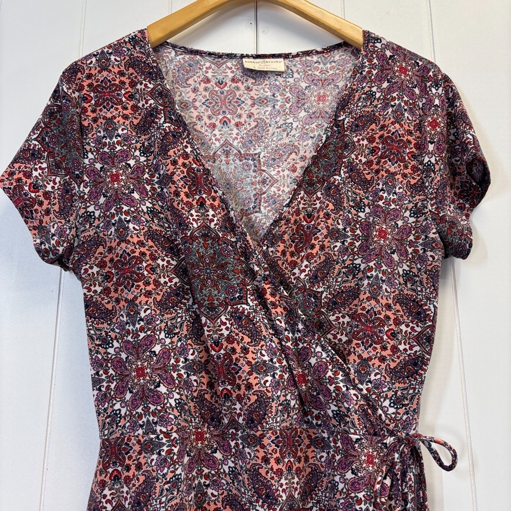 Bobbie Brooks Womens Boho Faux Wrap Midi Dress Size L Paisley Floral Cottage - Picture 8 of 9